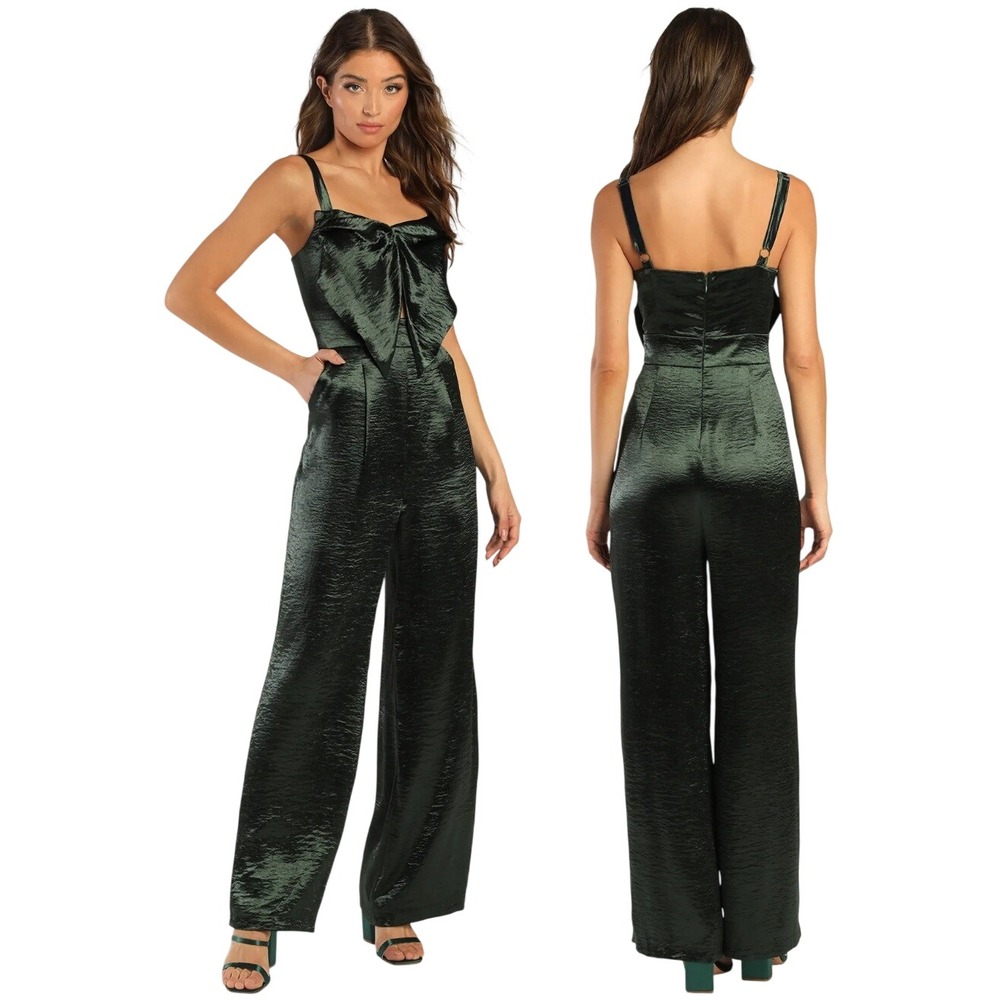 Lulus Emerald Green Satin Cutout Wide‎ Leg Jumpsuit Size M Date to Remember